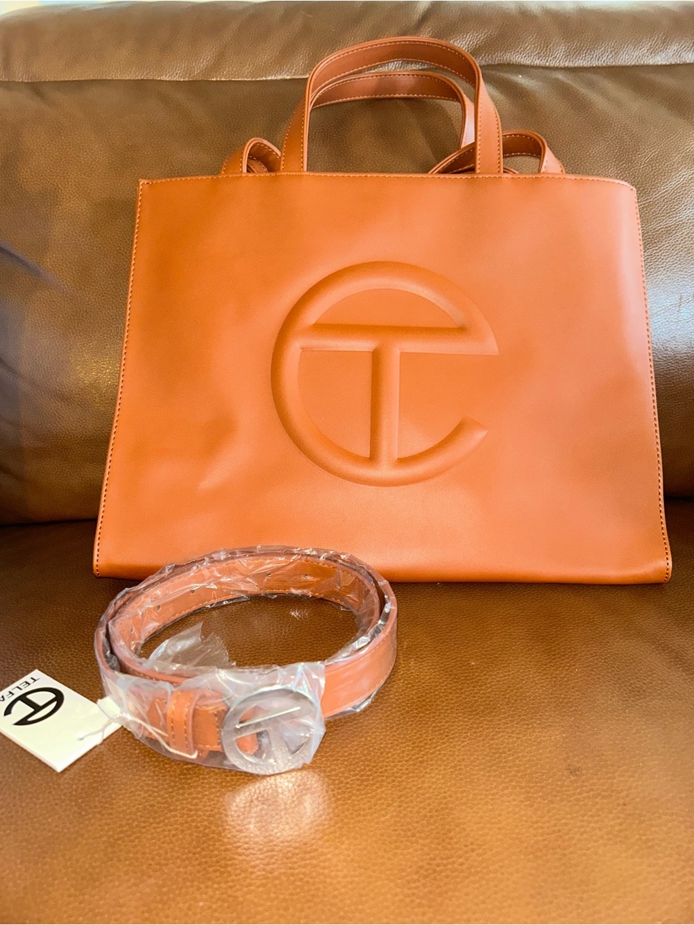 Telfar Medium Tan Shopping Bag with Belt. Belt size small. Set sold together